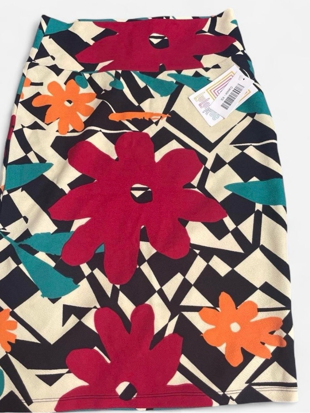 LuLaRoe Women’s Floral Pencil Skirt - Red, Orange, Teal on Cream